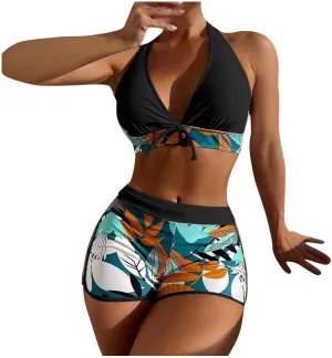 Two Piece Swimsuit for Women,2024 Summer Sexy Halter Tie Bikini Sets,Trendy Print Tropical High Waisted Swim Shorts