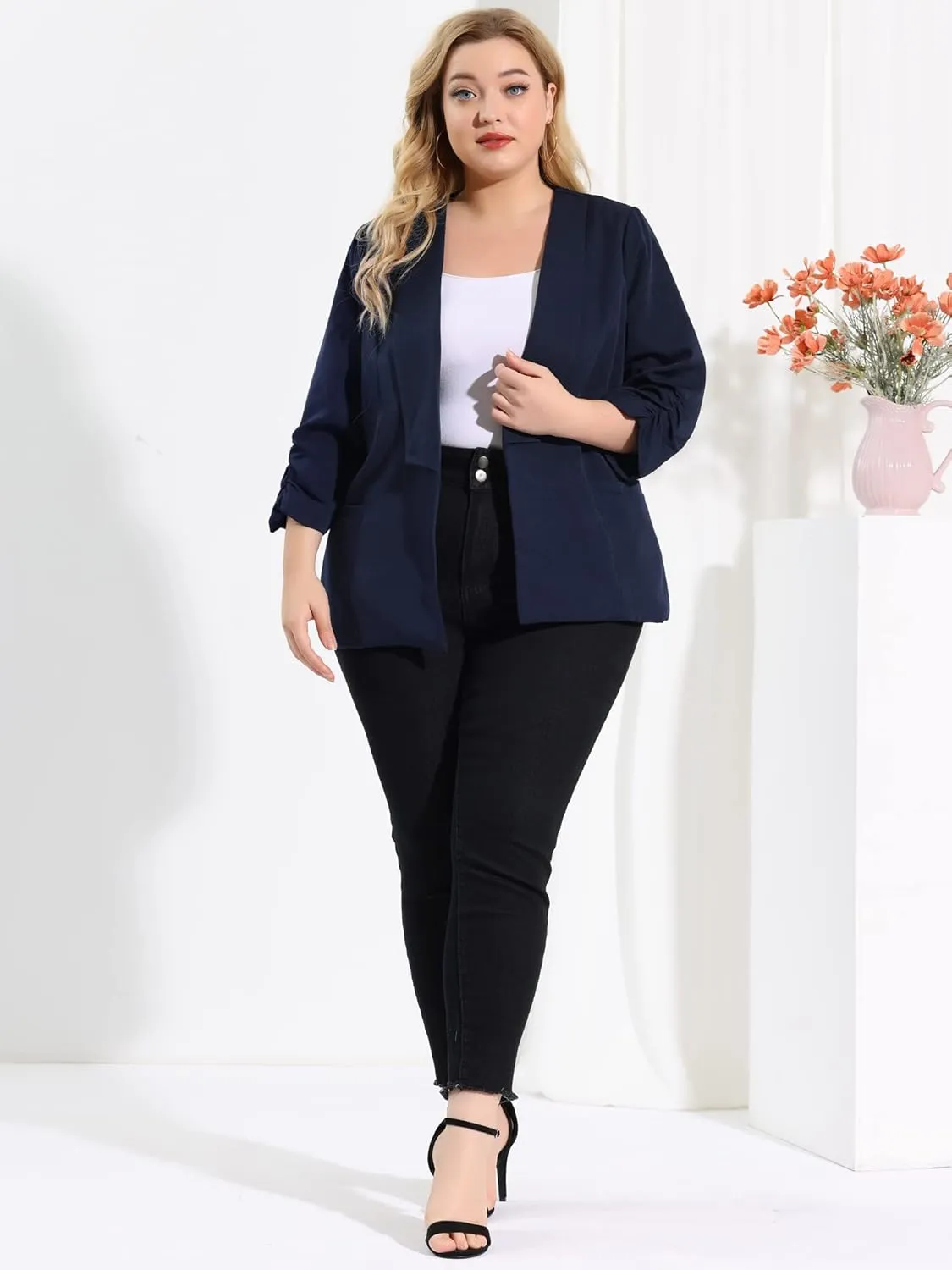 uxcell Women's Plus Size Blazers Shawl Collar Open Front 3/4 Ruched Sleeve Work Office Lightweight Blazers