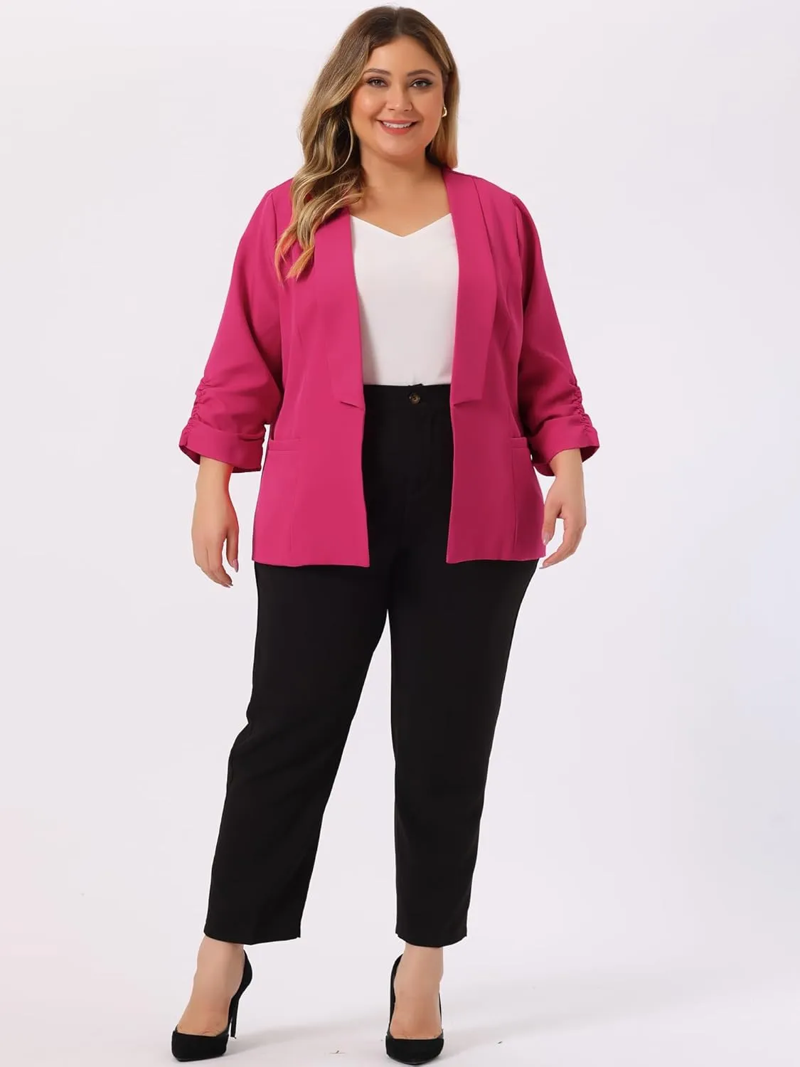 uxcell Women's Plus Size Blazers Shawl Collar Open Front 3/4 Ruched Sleeve Work Office Lightweight Blazers