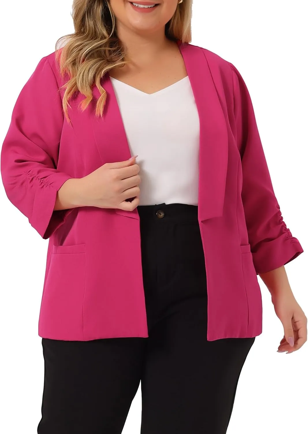 uxcell Women's Plus Size Blazers Shawl Collar Open Front 3/4 Ruched Sleeve Work Office Lightweight Blazers