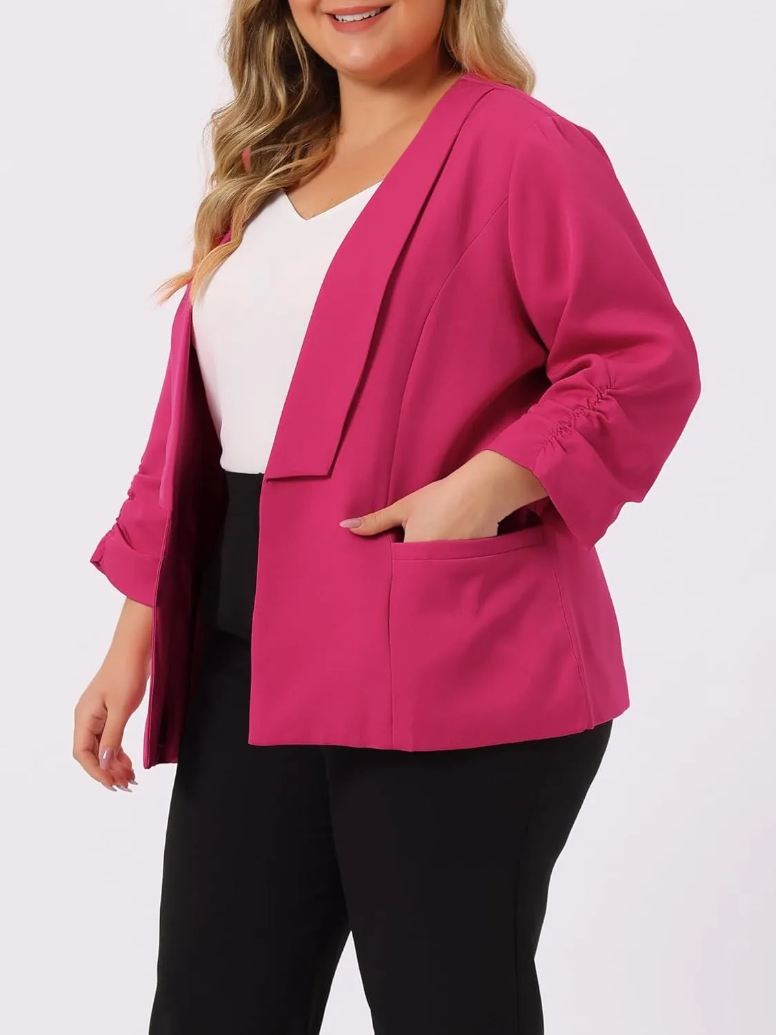 uxcell Women's Plus Size Blazers Shawl Collar Open Front 3/4 Ruched Sleeve Work Office Lightweight Blazers