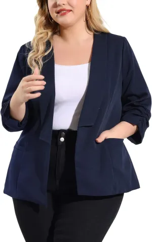 uxcell Women's Plus Size Blazers Shawl Collar Open Front 3/4 Ruched Sleeve Work Office Lightweight Blazers