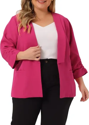 uxcell Women's Plus Size Blazers Shawl Collar Open Front 3/4 Ruched Sleeve Work Office Lightweight Blazers