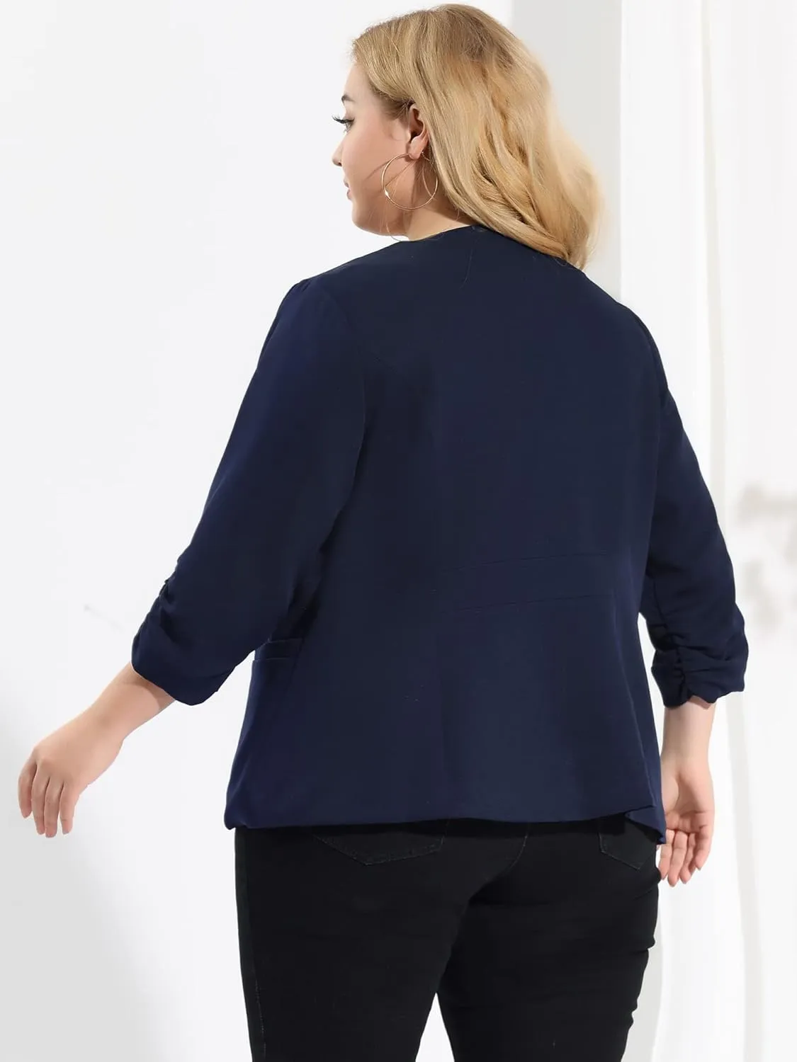 uxcell Women's Plus Size Blazers Shawl Collar Open Front 3/4 Ruched Sleeve Work Office Lightweight Blazers
