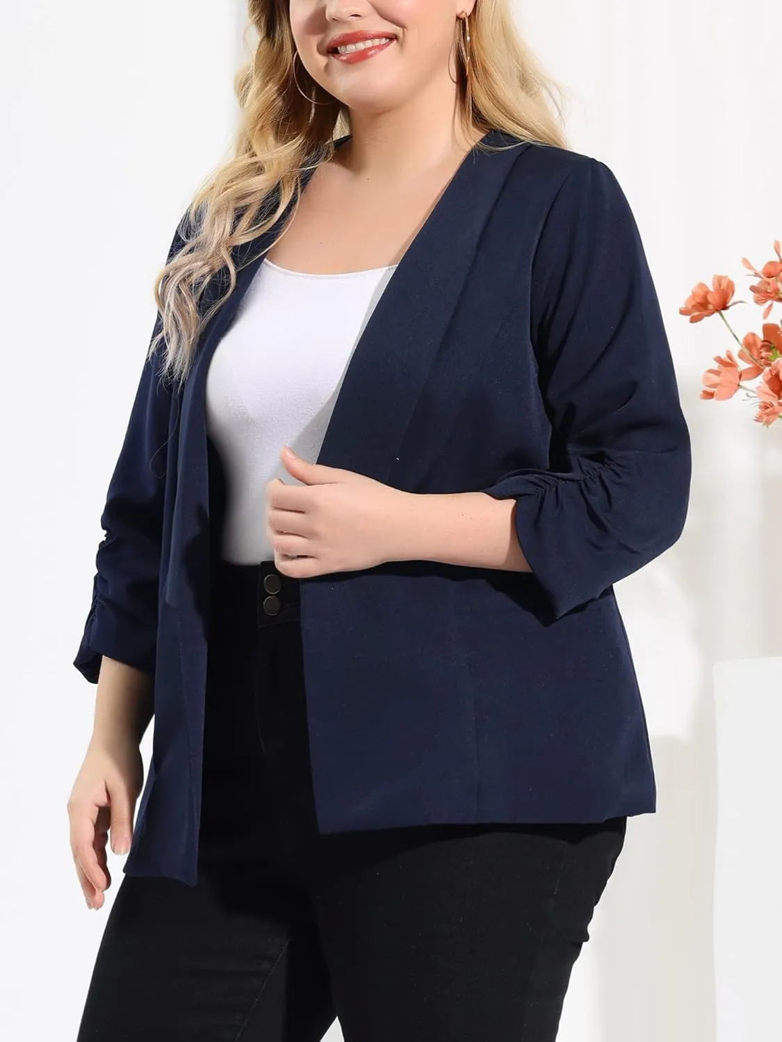 uxcell Women's Plus Size Blazers Shawl Collar Open Front 3/4 Ruched Sleeve Work Office Lightweight Blazers