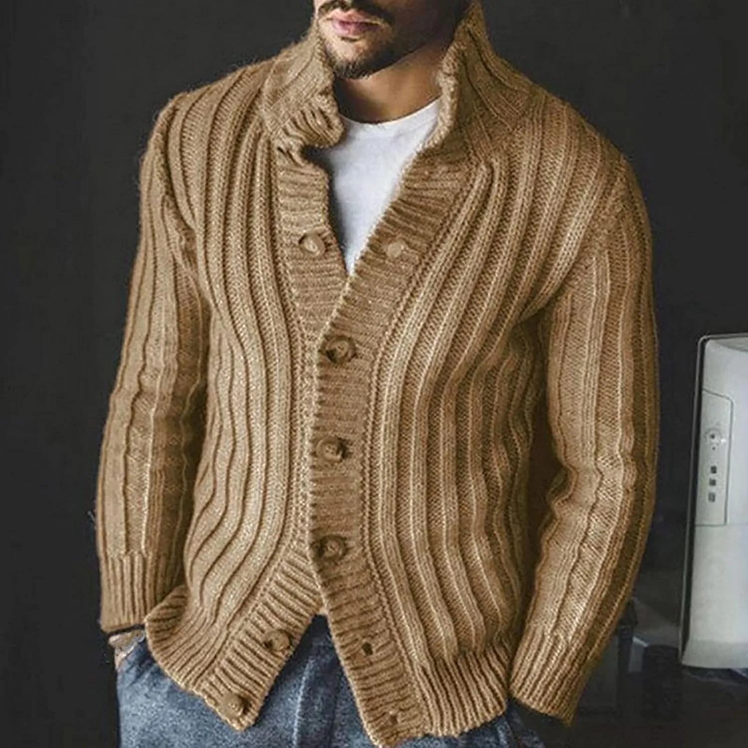 Vintage Cardigans for Men Cable Knit Cardigan Sweaters Button Down Knit Sweater Casual Long Sleeve Cardigan