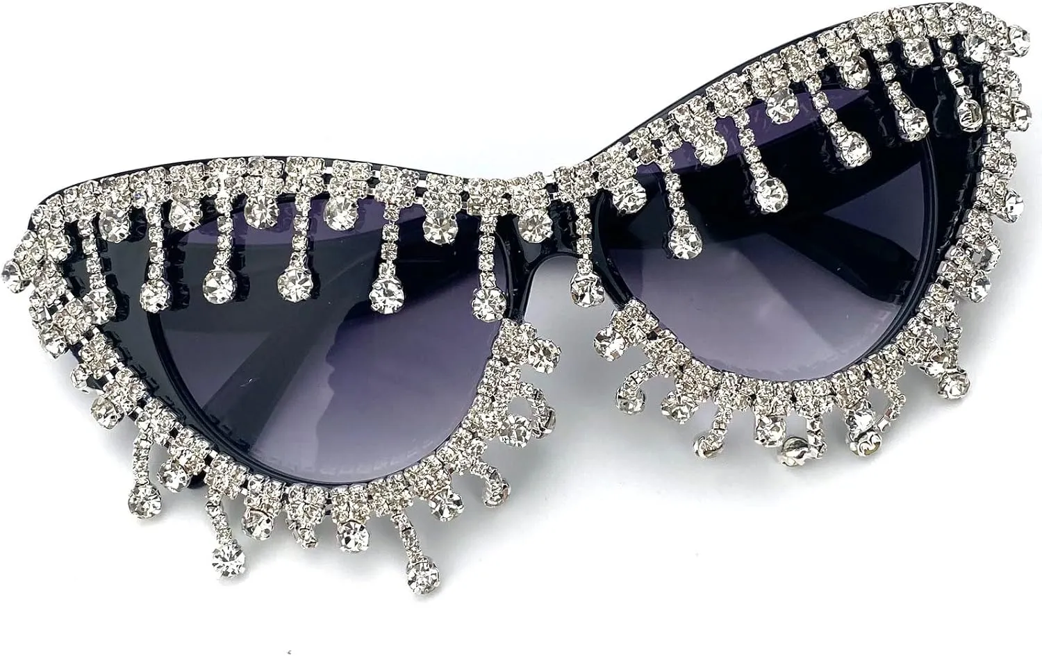Vintage Cat Eye Tassel Rhinestones Sunglasses Women Crystal Tassels Sun Glasses Unique bling bling Diamond Eyeglasses