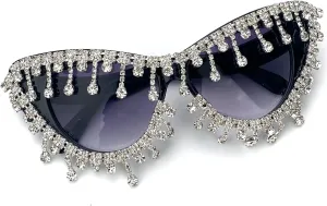 Vintage Cat Eye Tassel Rhinestones Sunglasses Women Crystal Tassels Sun Glasses Unique bling bling Diamond Eyeglasses