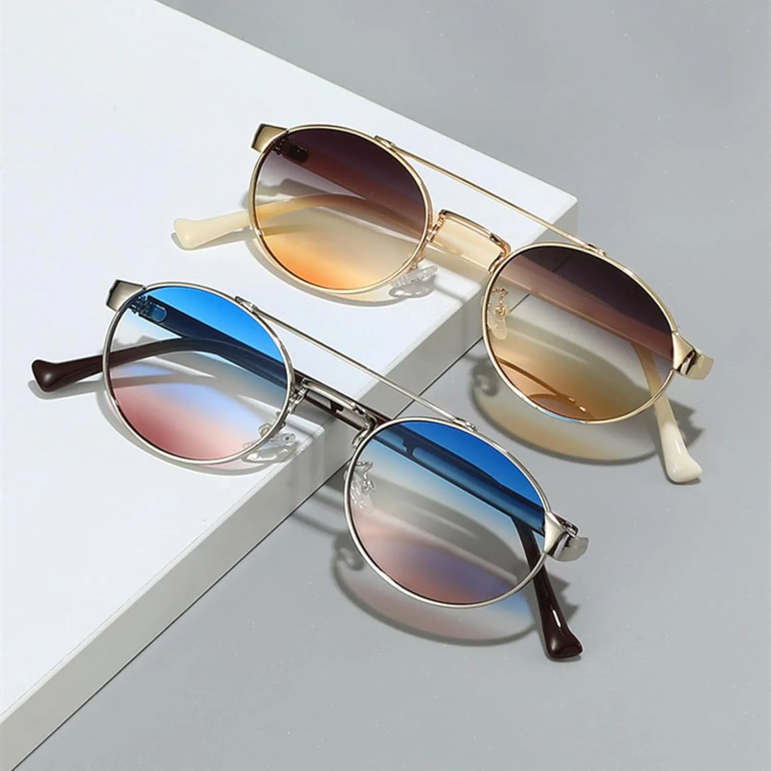 Vintage Metal Double Bridges Women Oval Sunglasses Fashion Punk Men Gradient Uv400