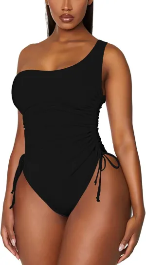 Viottiset Women's One Shoulder Ruched One Piece Swimsuit Tummy Control High Cut Cheeky Bathing Suit