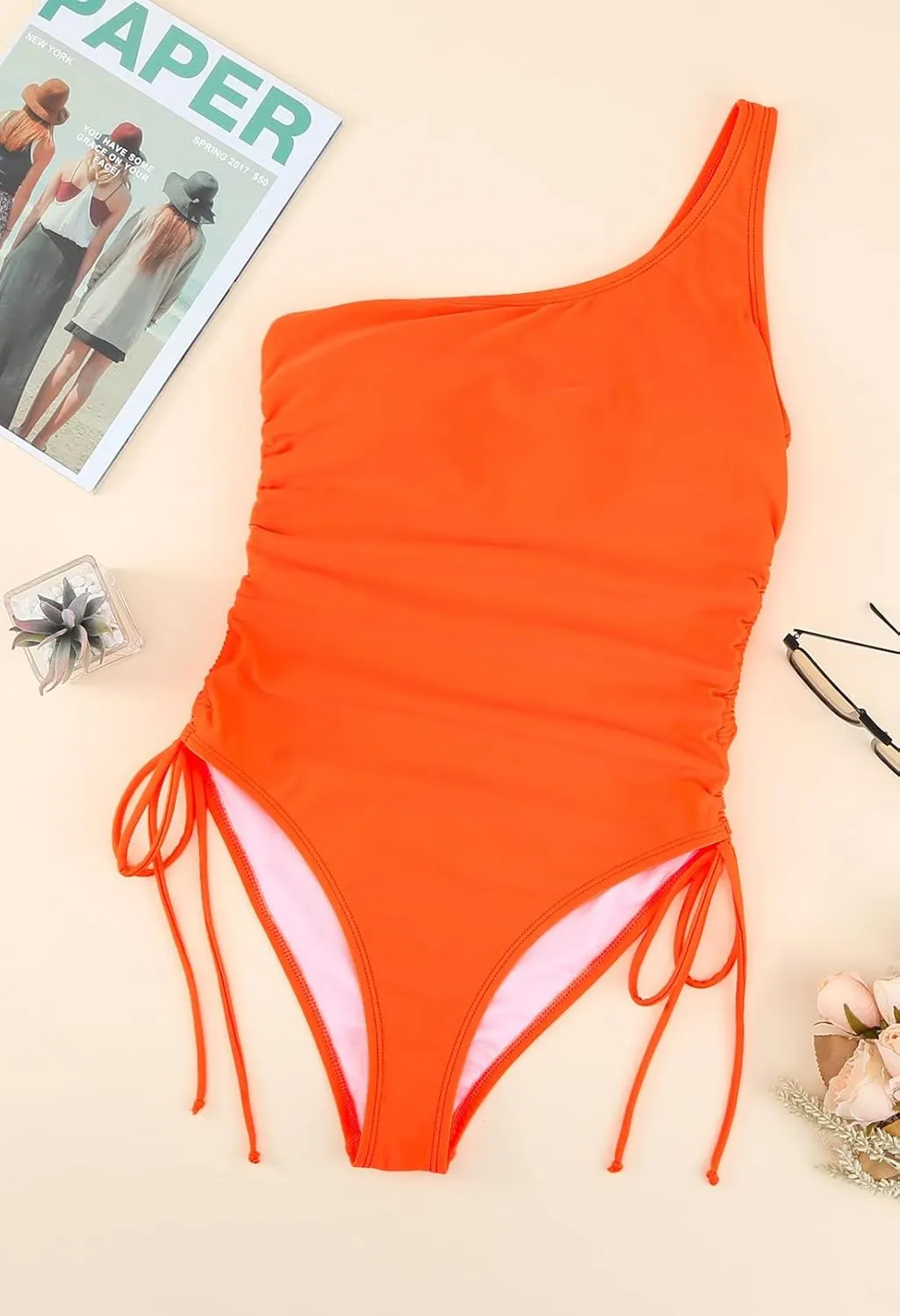 Viottiset Women's One Shoulder Ruched One Piece Swimsuit Tummy Control High Cut Cheeky Bathing Suit
