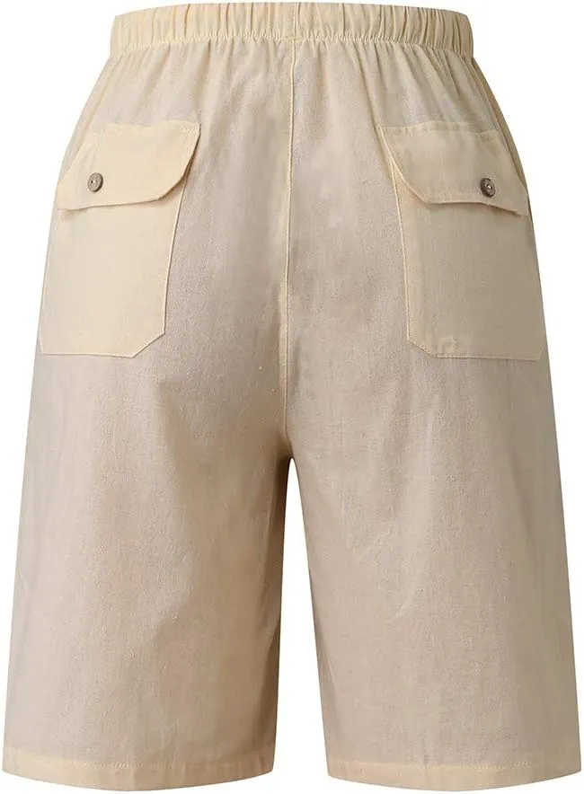 WABEOR Bermuda Shorts for Men Knee Length Cotton Linen Shorts Elastic Waist Beach Long Shorts Comfy Casual Summer Shorts