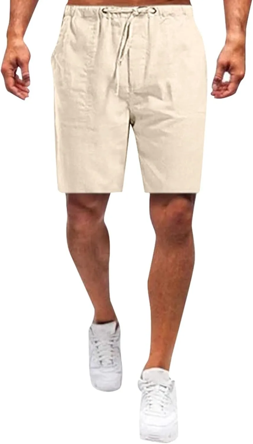 WABEOR Bermuda Shorts for Men Knee Length Cotton Linen Shorts Elastic Waist Beach Long Shorts Comfy Casual Summer Shorts