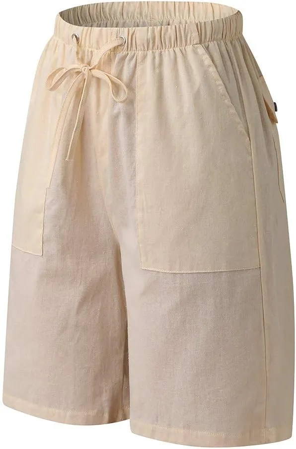 WABEOR Bermuda Shorts for Men Knee Length Cotton Linen Shorts Elastic Waist Beach Long Shorts Comfy Casual Summer Shorts