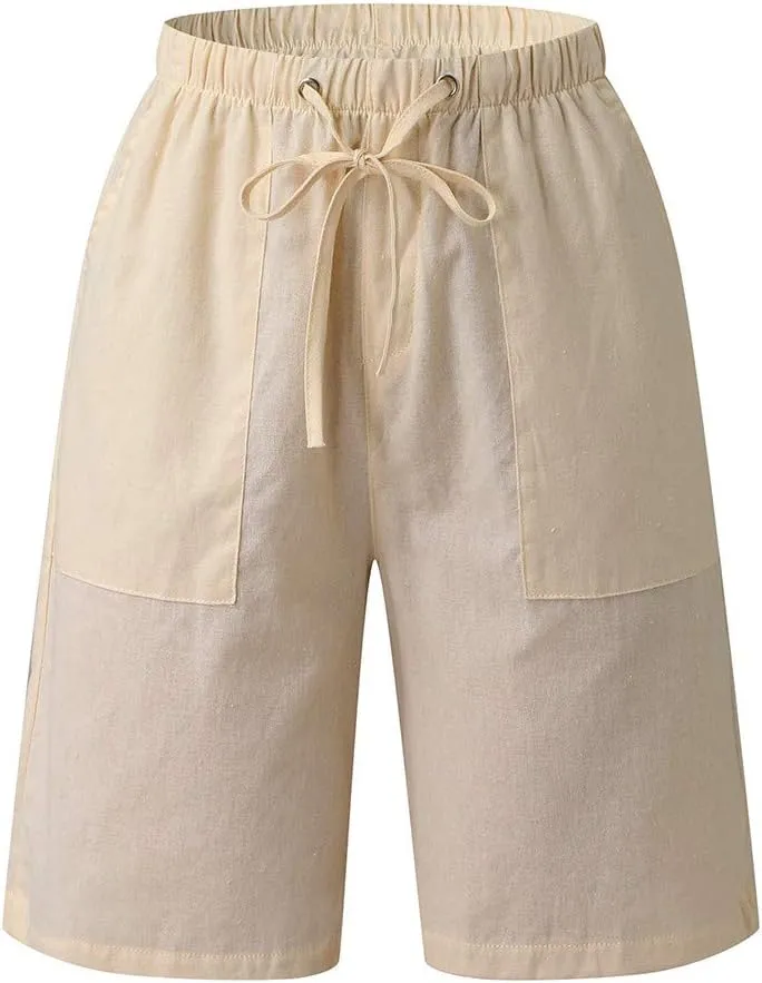 WABEOR Bermuda Shorts for Men Knee Length Cotton Linen Shorts Elastic Waist Beach Long Shorts Comfy Casual Summer Shorts