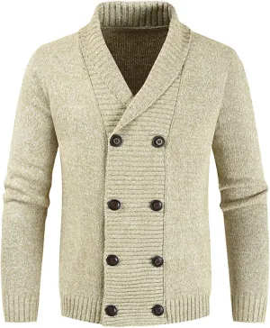 Wankang Mens Shawl Collar Cardigan Sweater Slim Fit Long Sleeve Cardigan Sweaters Button Down Cable Knitted Sweater for Men