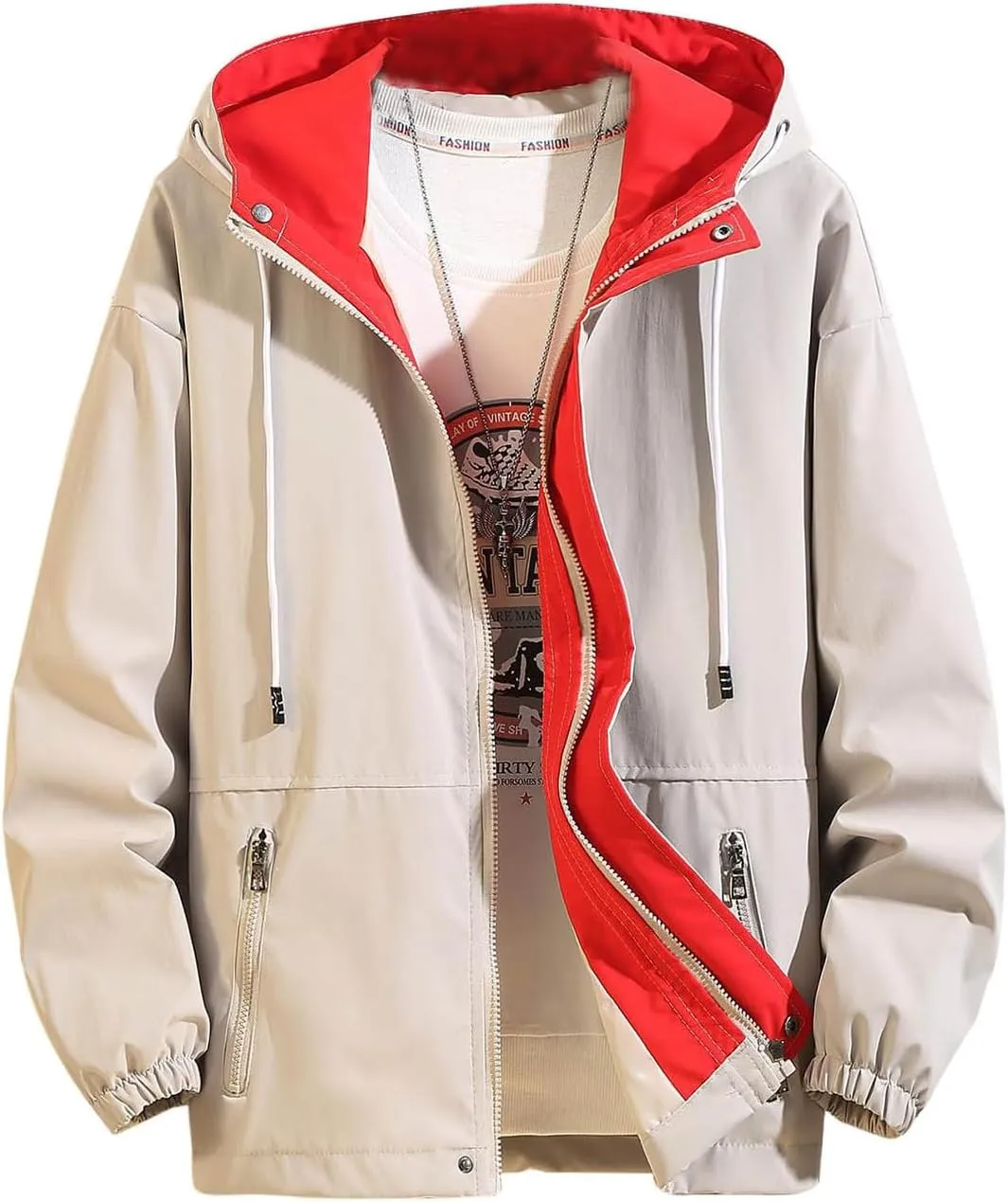 Waterproof Hooded Raincoat for Men Full Zipper Long Sleeve Windbreaker Jackets Outdoor Softshell Hiking Coats