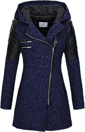 Winter Jackets for Women Wool Blend Patchwork Pea Coats Long Sleeve Zip Up Hooded Fleece Warm Overcoat with Pockets