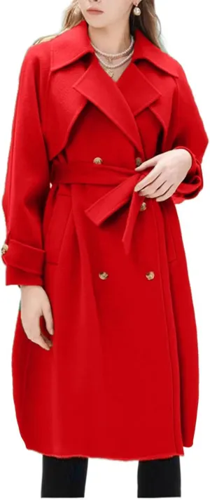 Winter Pea Coats for Women Double Breasted Wool Blend Trench Coats Casual Notched Lapel Mid Long Overcoats With Belt