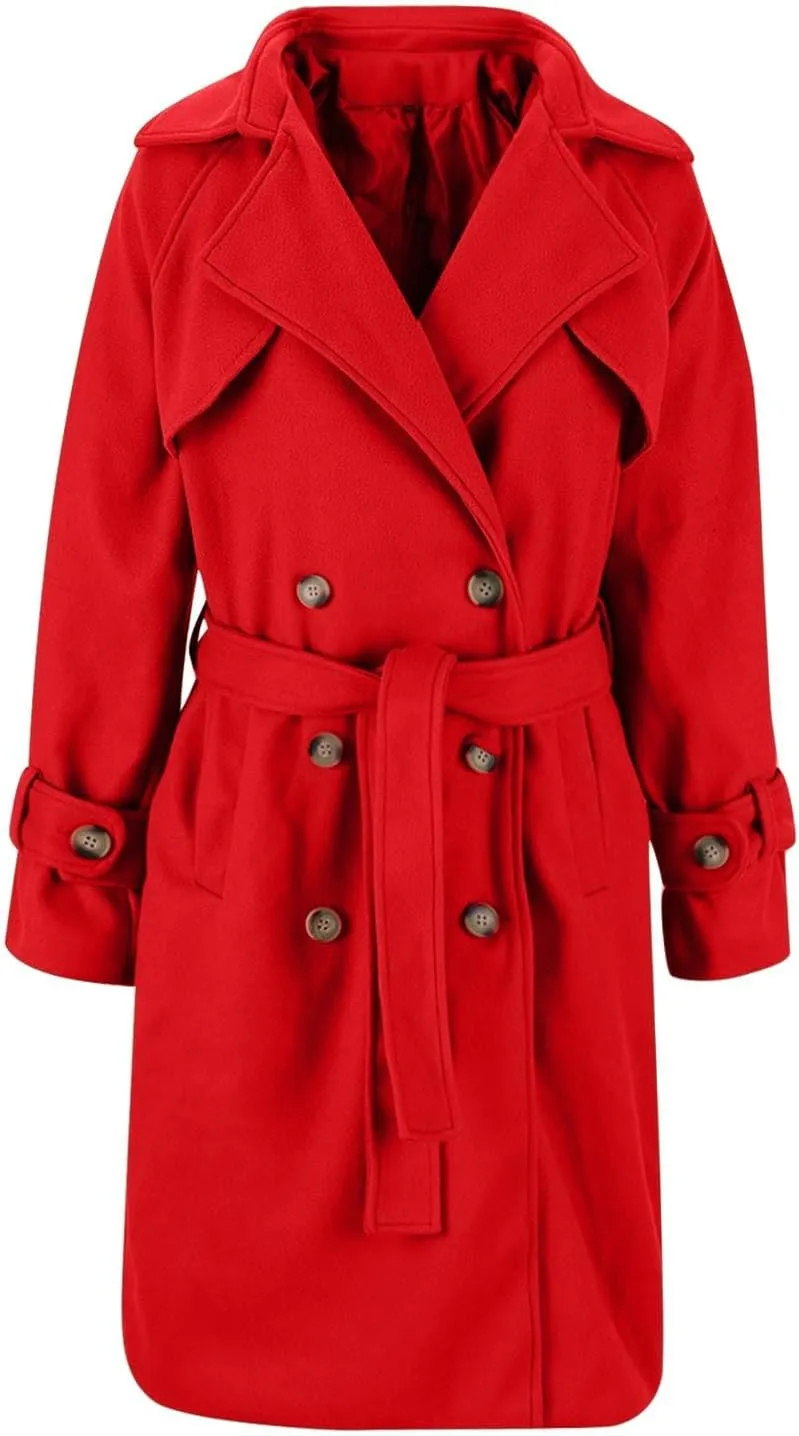 Winter Pea Coats for Women Double Breasted Wool Blend Trench Coats Casual Notched Lapel Mid Long Overcoats With Belt