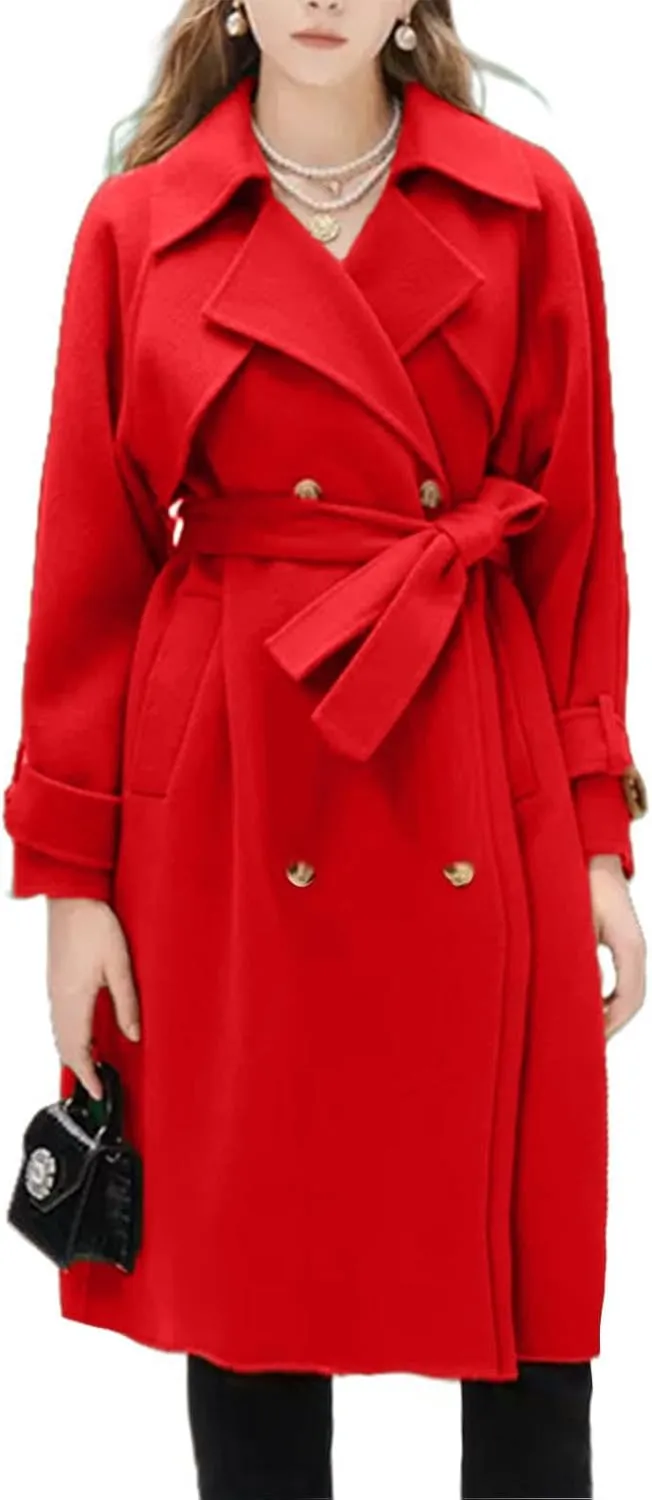Winter Pea Coats for Women Double Breasted Wool Blend Trench Coats Casual Notched Lapel Mid Long Overcoats With Belt