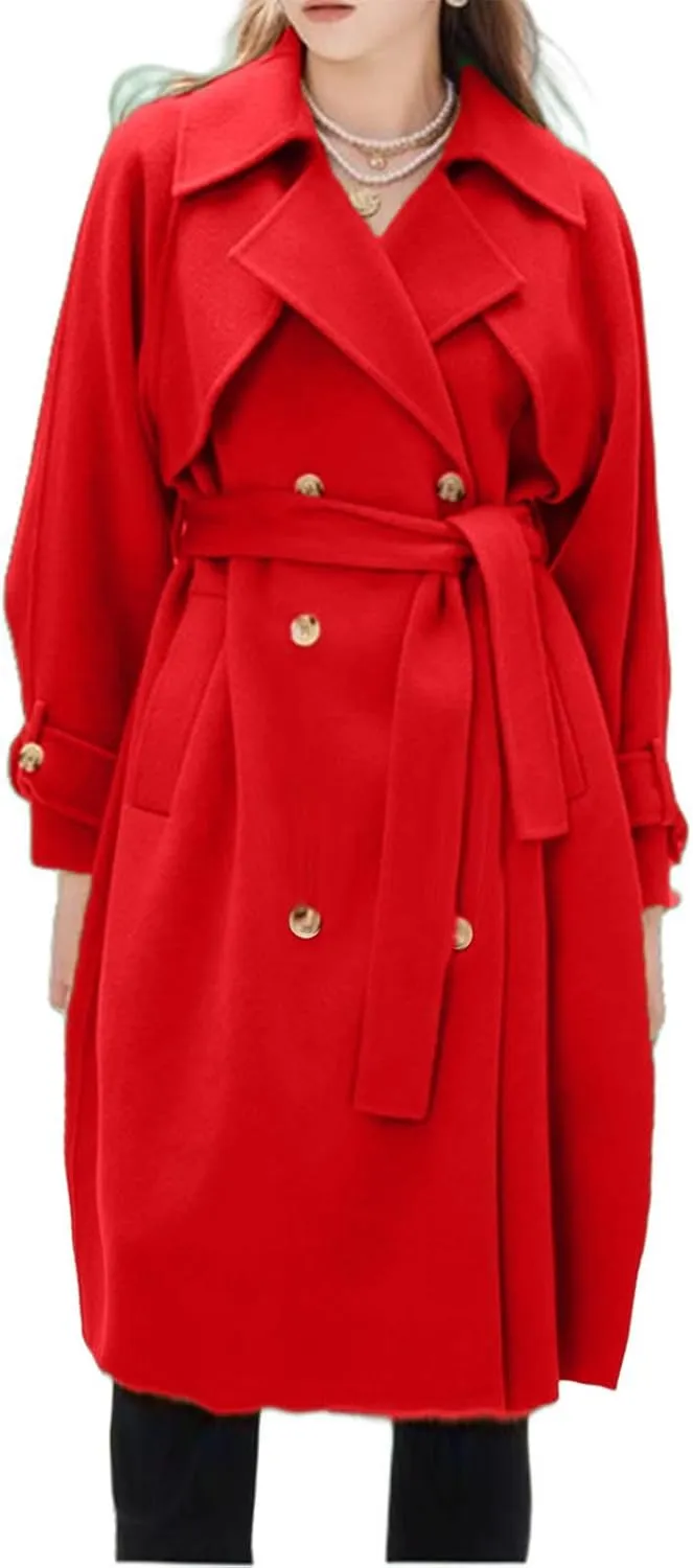 Winter Pea Coats for Women Double Breasted Wool Blend Trench Coats Casual Notched Lapel Mid Long Overcoats With Belt