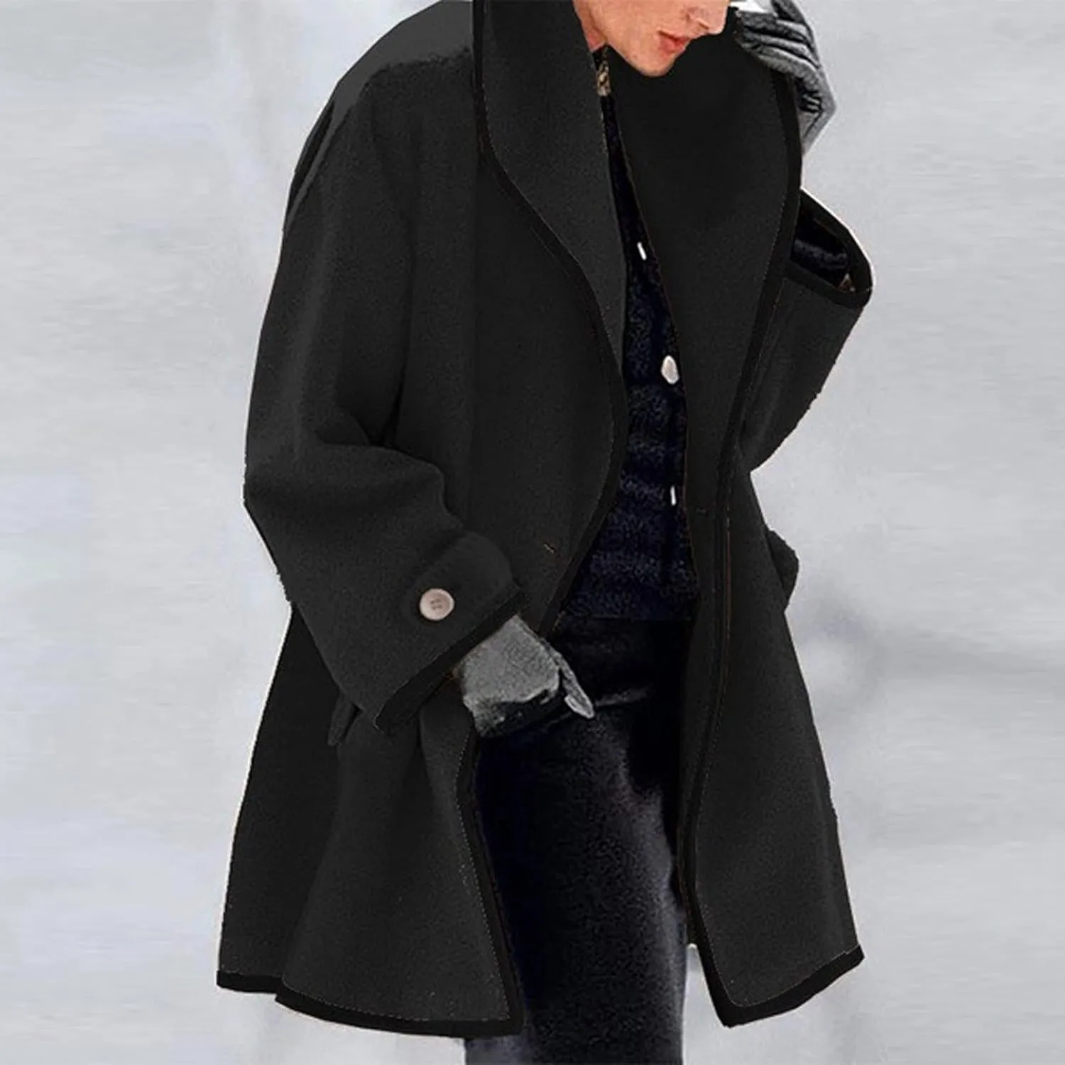 Winter Trench Coat for Women Casual Button Wool Blend Pea Coat Long Sleeve Notch Lapel Oversized Cardigan Jackets