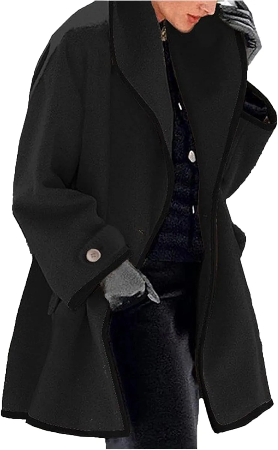 Winter Trench Coat for Women Casual Button Wool Blend Pea Coat Long Sleeve Notch Lapel Oversized Cardigan Jackets