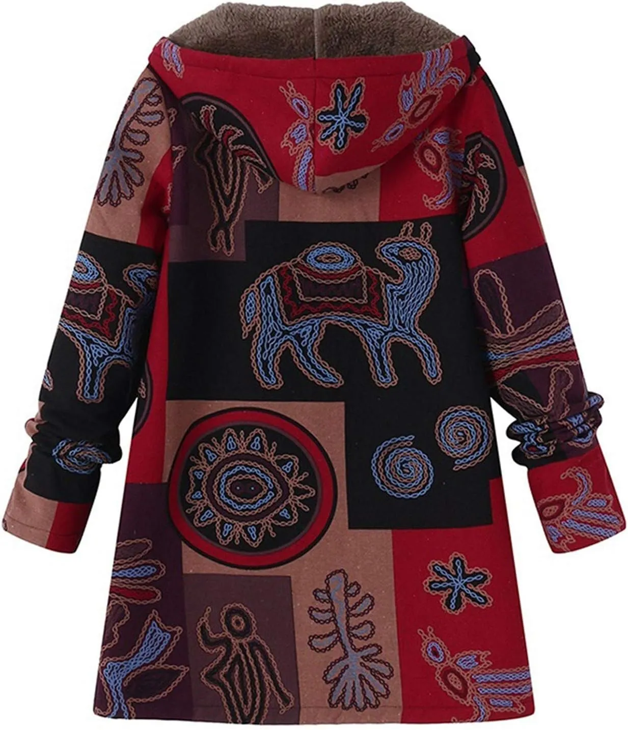 Wkishenl Women Winter Patchwork Jacket Aztec Ethnic Graphic Sherpa Lined Coat Plus Sized Button Up/Zipper Hood Warm Coat