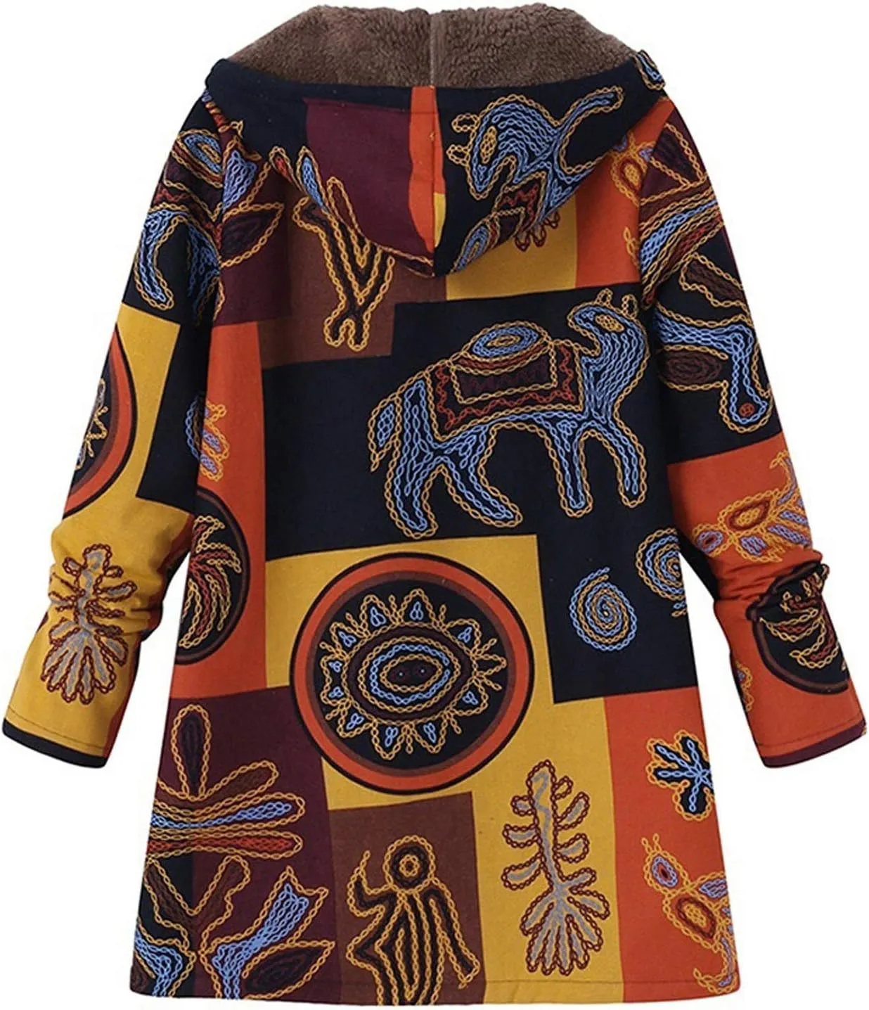 Wkishenl Women Winter Patchwork Jacket Aztec Ethnic Graphic Sherpa Lined Coat Plus Sized Button Up/Zipper Hood Warm Coat