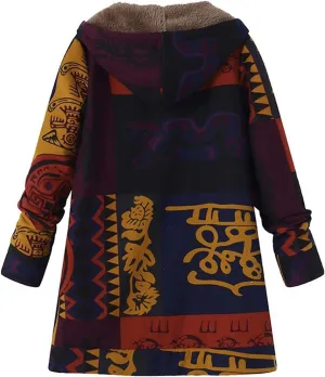 Wkishenl Women Winter Patchwork Jacket Aztec Ethnic Graphic Sherpa Lined Coat Plus Sized Button Up/Zipper Hood Warm Coat