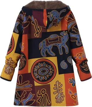 Wkishenl Women Winter Patchwork Jacket Aztec Ethnic Graphic Sherpa Lined Coat Plus Sized Button Up/Zipper Hood Warm Coat