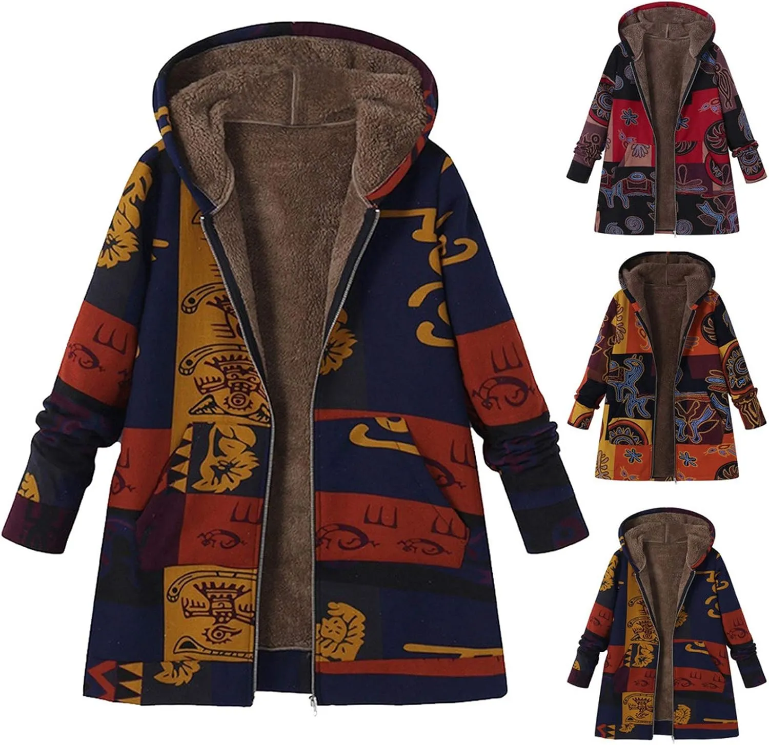 Wkishenl Women Winter Patchwork Jacket Aztec Ethnic Graphic Sherpa Lined Coat Plus Sized Button Up/Zipper Hood Warm Coat