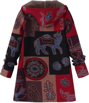 Wkishenl Women Winter Patchwork Jacket Aztec Ethnic Graphic Sherpa Lined Coat Plus Sized Button Up/Zipper Hood Warm Coat