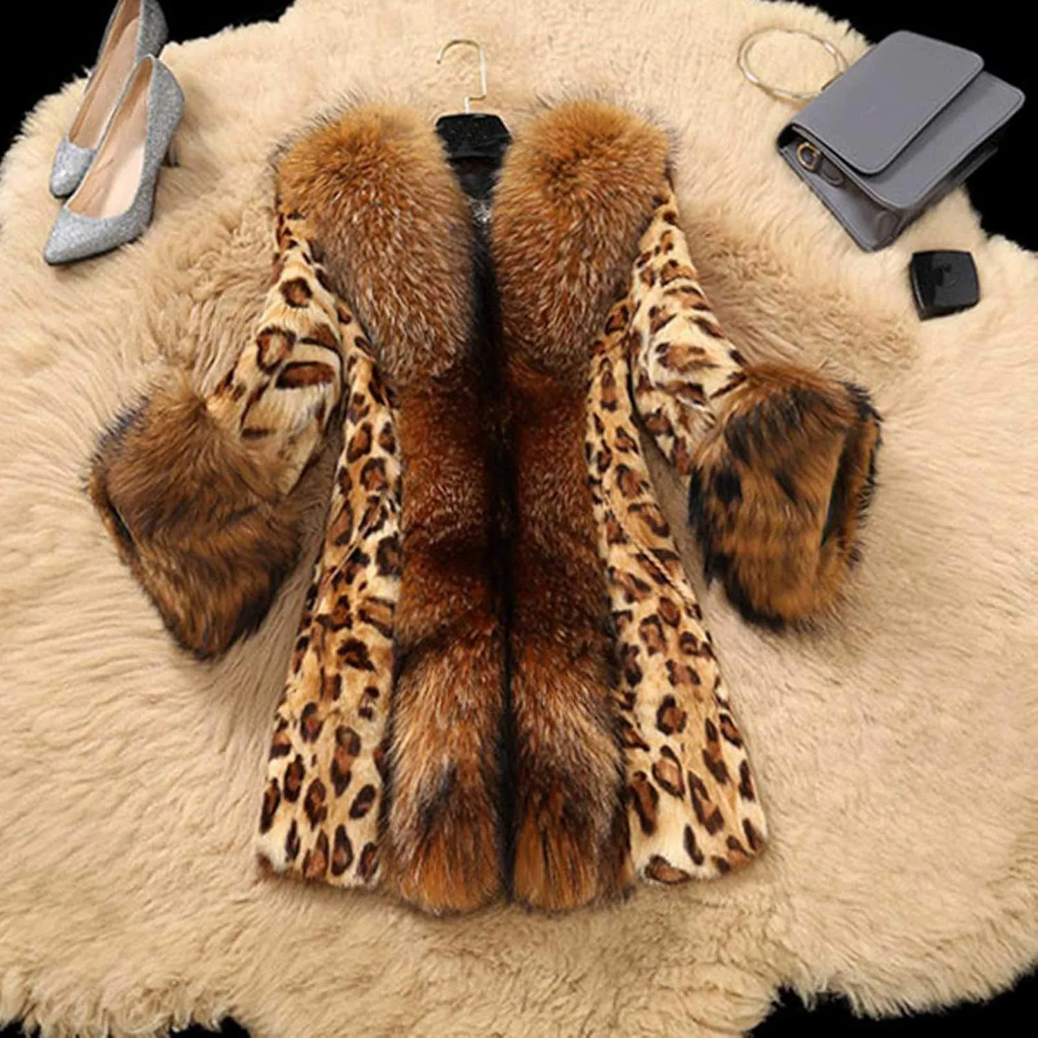 Wkishenl Women's Winter Coat Fashion Leopard Furry Jacket with Faux Fur Collar Elegant Button Up Long Sleeve Warm Outerwear