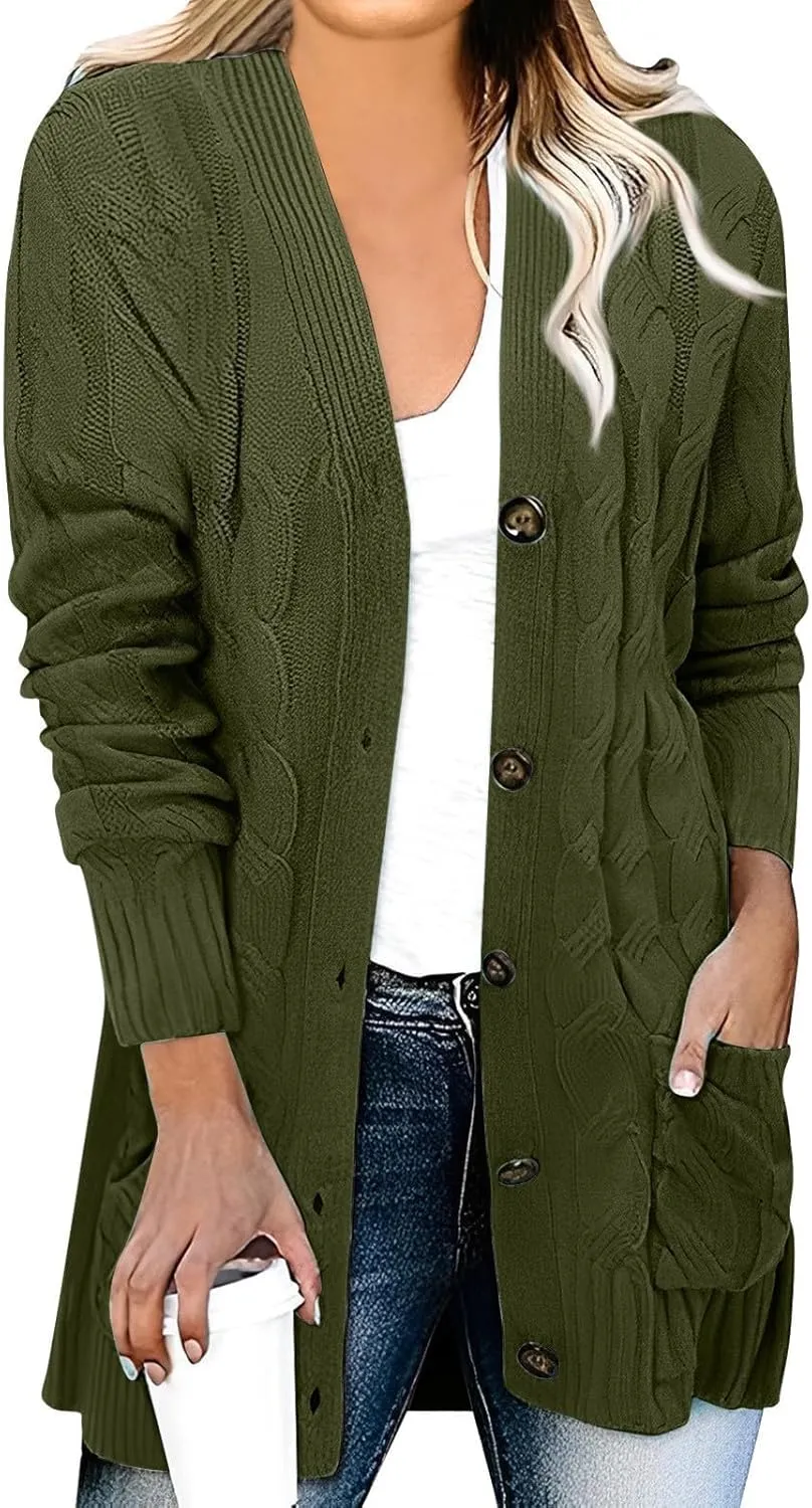 Women Cable Knit Long Cardigan Oversized Long Sleeve Chunky Cardigans Button Up Sweaters Fall Winter 2025 Outerwear