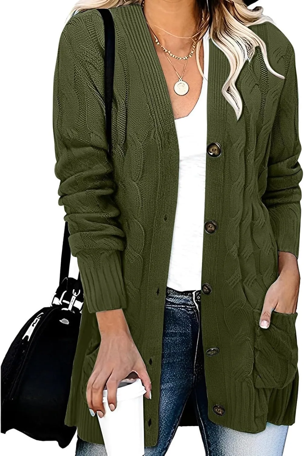 Women Cable Knit Long Cardigan Oversized Long Sleeve Chunky Cardigans Button Up Sweaters Fall Winter 2025 Outerwear