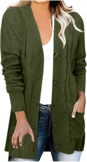 Women Cable Knit Long Cardigan Oversized Long Sleeve Chunky Cardigans Button Up Sweaters Fall Winter 2025 Outerwear