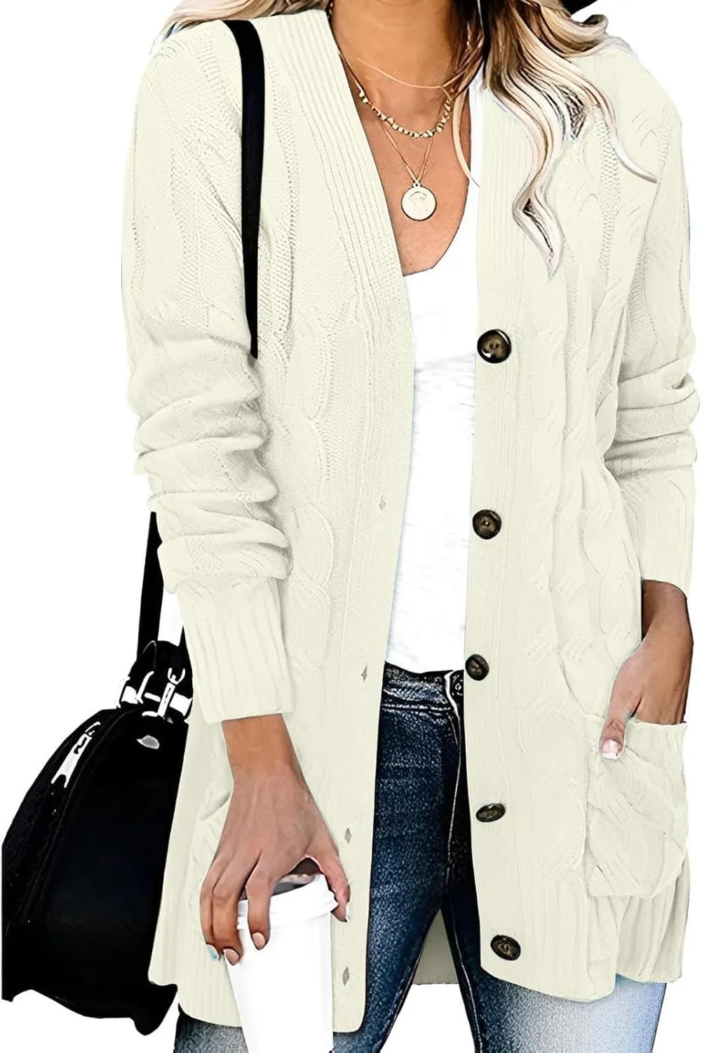 Women Cable Knit Long Cardigan Oversized Long Sleeve Chunky Cardigans Button Up Sweaters Fall Winter 2025 Outerwear