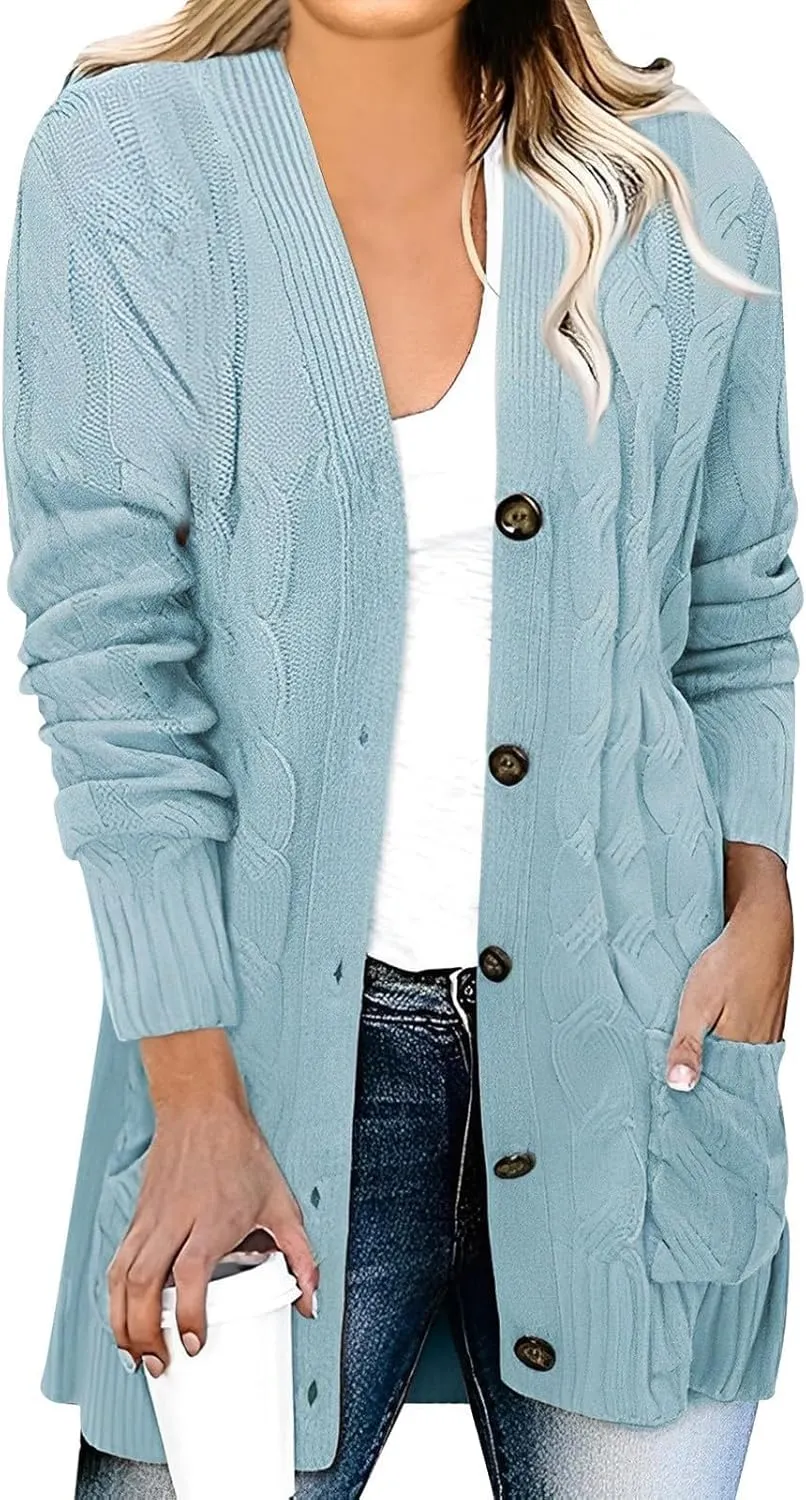 Women Cable Knit Long Cardigan Oversized Long Sleeve Chunky Cardigans Button Up Sweaters Fall Winter 2025 Outerwear