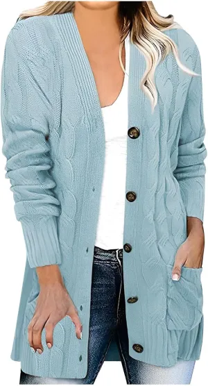 Women Cable Knit Long Cardigan Oversized Long Sleeve Chunky Cardigans Button Up Sweaters Fall Winter 2025 Outerwear