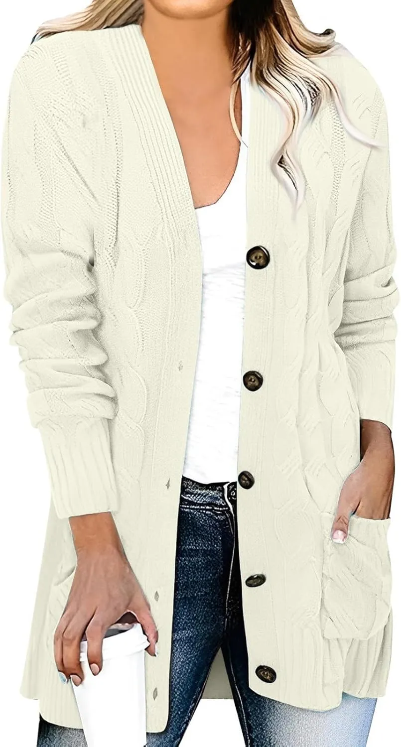 Women Cable Knit Long Cardigan Oversized Long Sleeve Chunky Cardigans Button Up Sweaters Fall Winter 2025 Outerwear