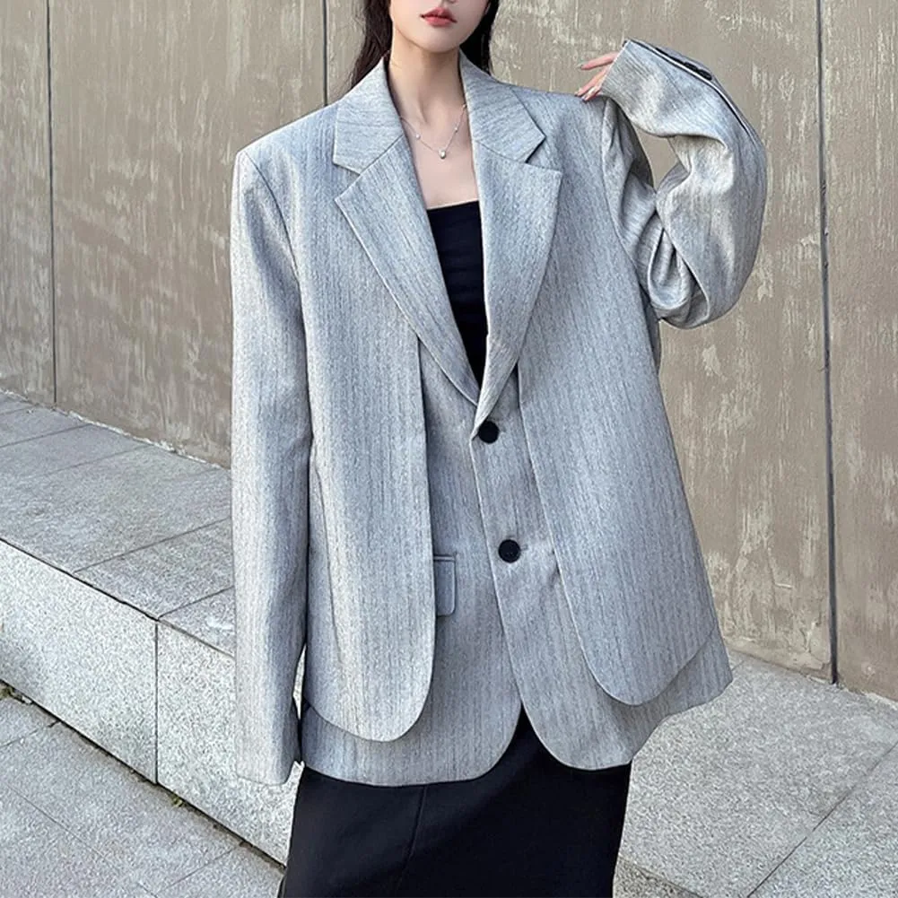Women Casual Oversized Lapel Blazers Fake 2 Pieces Business Blazer Jacket