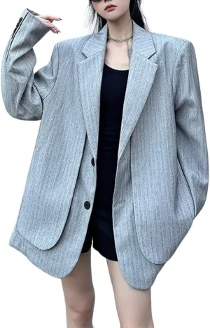 Women Casual Oversized Lapel Blazers Fake 2 Pieces Business Blazer Jacket