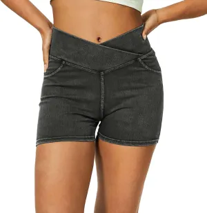 Women High Waisted Crossover Denim Shorts, Elastic Scrunch Butt Lift Jeans Shorts Summer Casual Clothes with Pockets