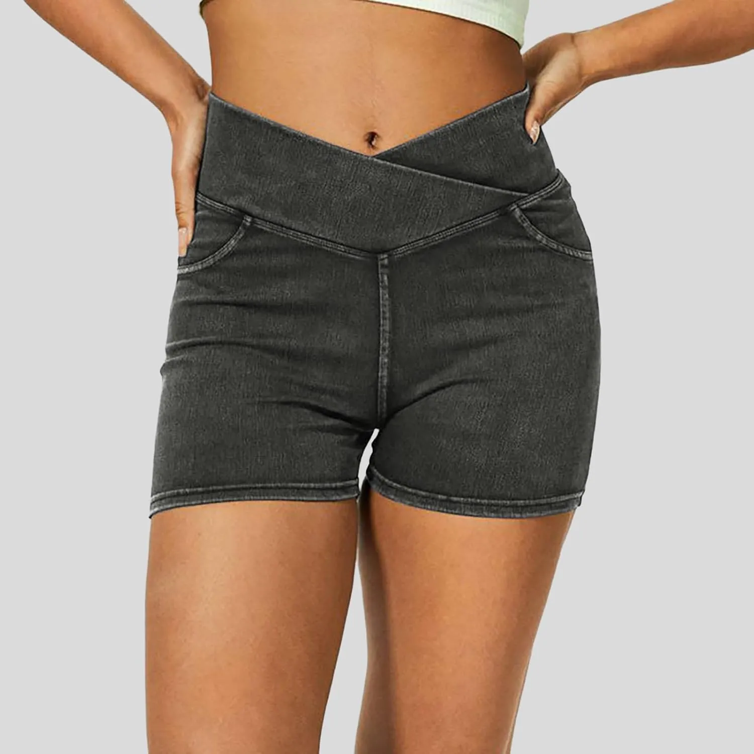 Women High Waisted Crossover Denim Shorts, Elastic Scrunch Butt Lift Jeans Shorts Summer Casual Clothes with Pockets