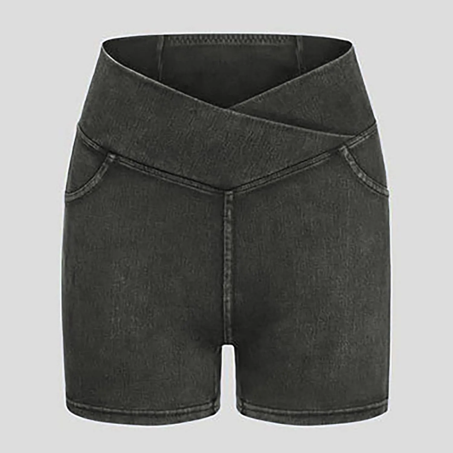 Women High Waisted Crossover Denim Shorts, Elastic Scrunch Butt Lift Jeans Shorts Summer Casual Clothes with Pockets