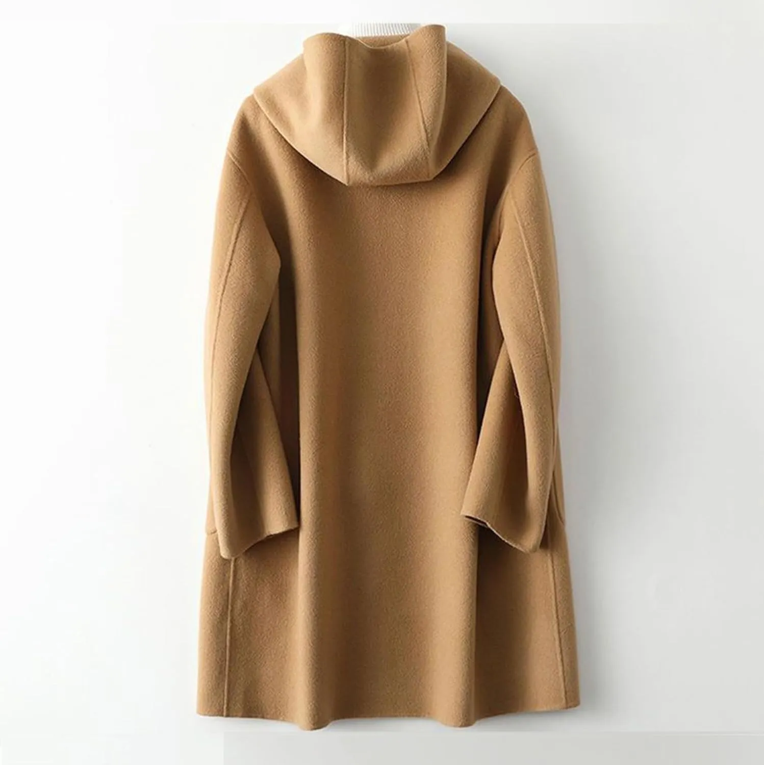 Women Lapel Hooded Pea Coat with Pockets Plus Size Mid Length Duster Coat Anoraks Solid Warm Wool Trench Coat Outwear