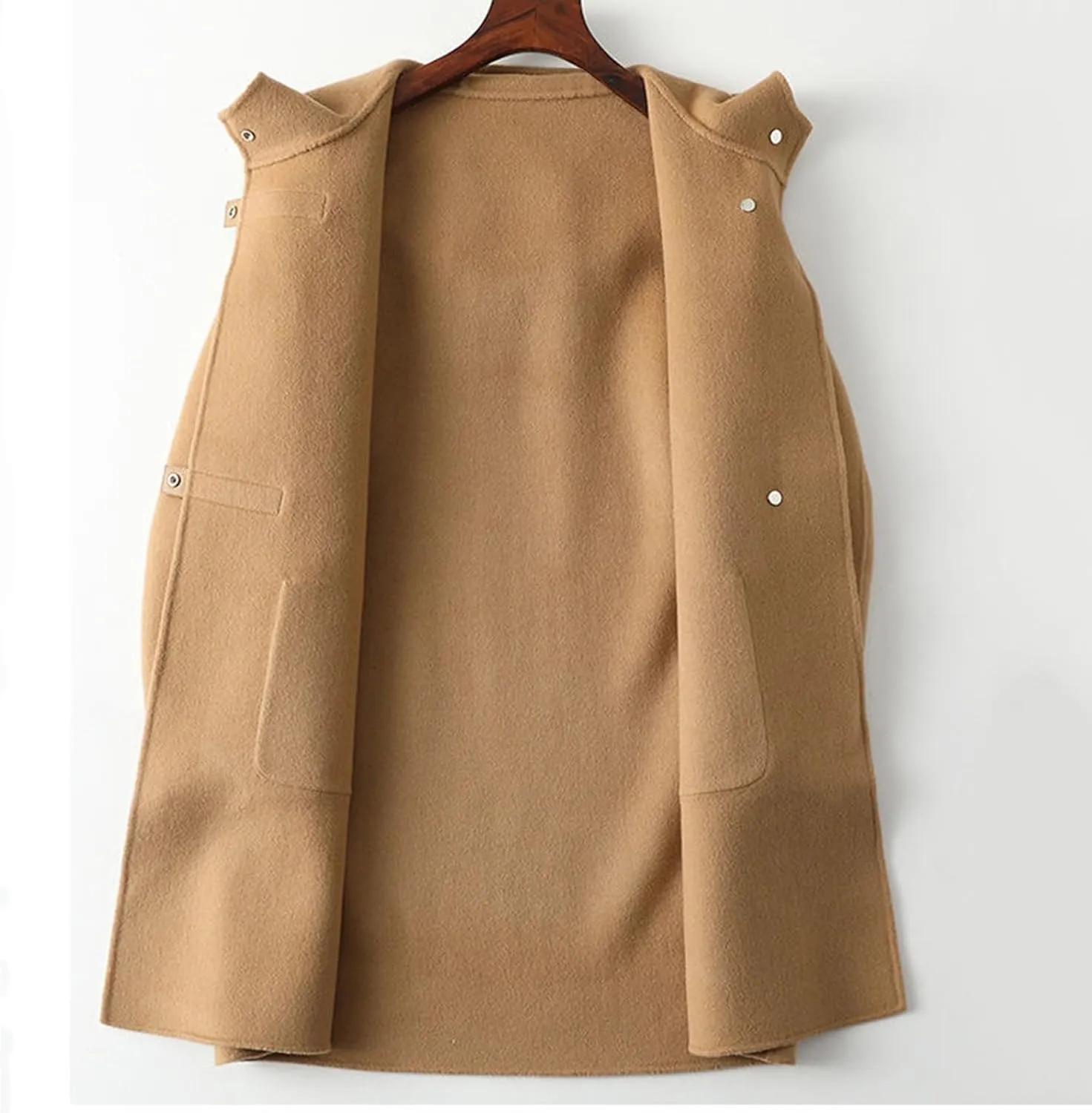 Women Lapel Hooded Pea Coat with Pockets Plus Size Mid Length Duster Coat Anoraks Solid Warm Wool Trench Coat Outwear