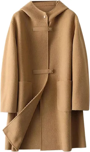 Women Lapel Hooded Pea Coat with Pockets Plus Size Mid Length Duster Coat Anoraks Solid Warm Wool Trench Coat Outwear